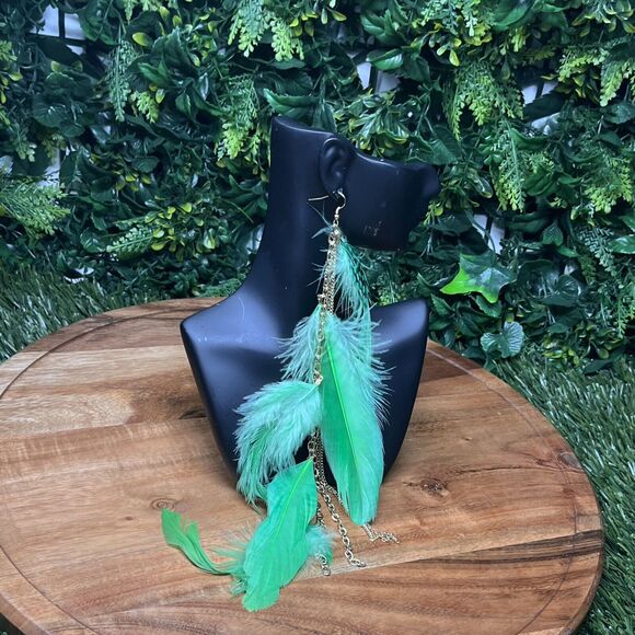 Earrings Women Gold Tone Green Feather‎ Earrings Dangle Drop 10 Inches 2126 - Picture 4 of 5